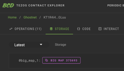 The block explorer, showing the storage for the contract in one big-map object