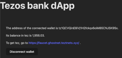 The application showing information about the connected wallet