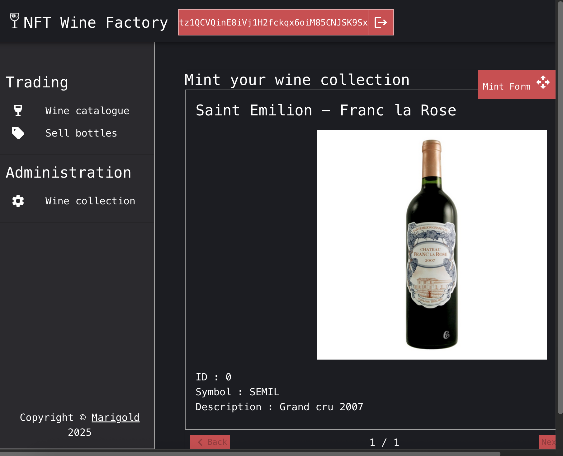The mint page showing one existing NFT