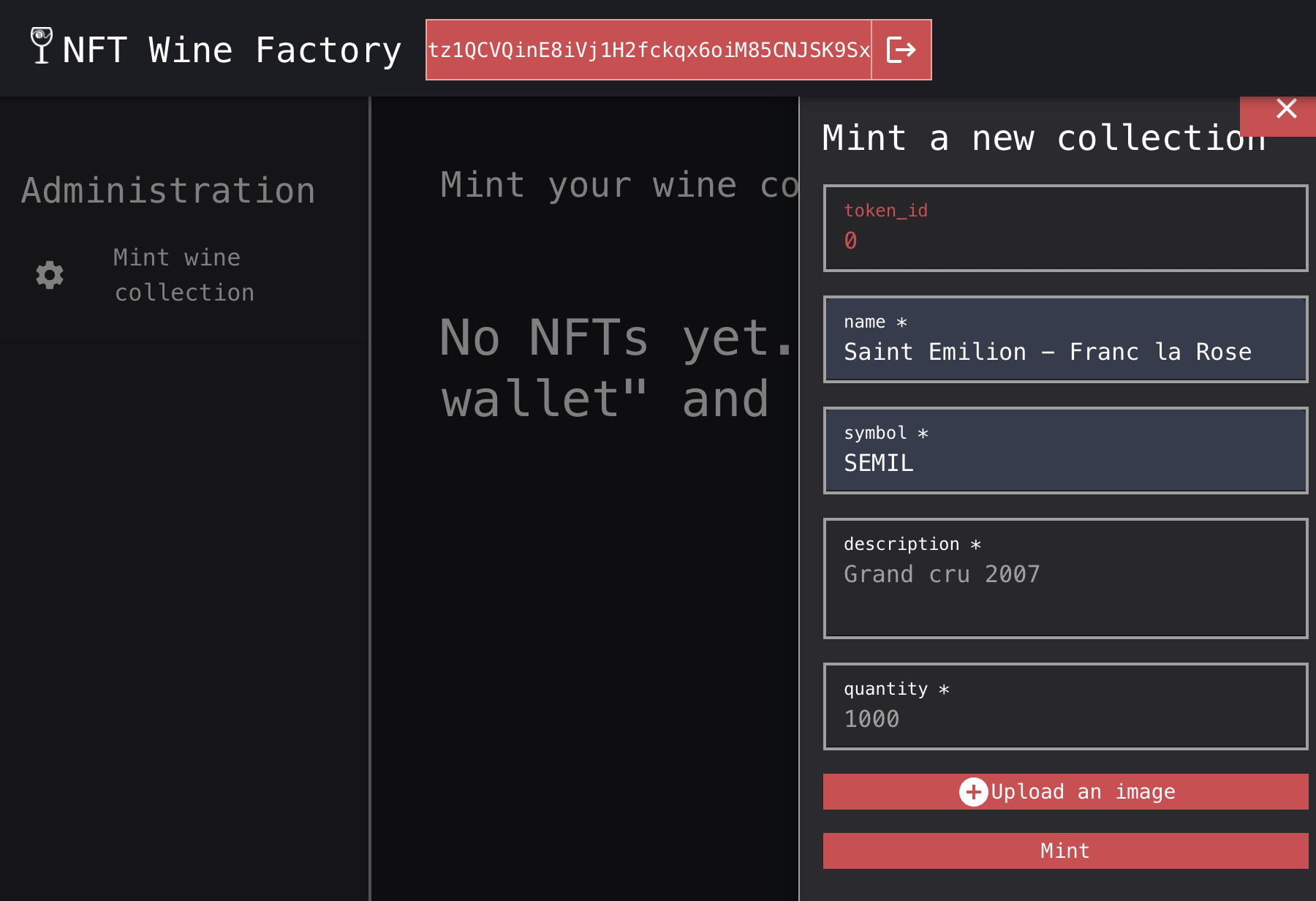 The minting page, showing the creation of 1000 tokens