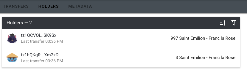 The block explorer, showing the accounts that own the token