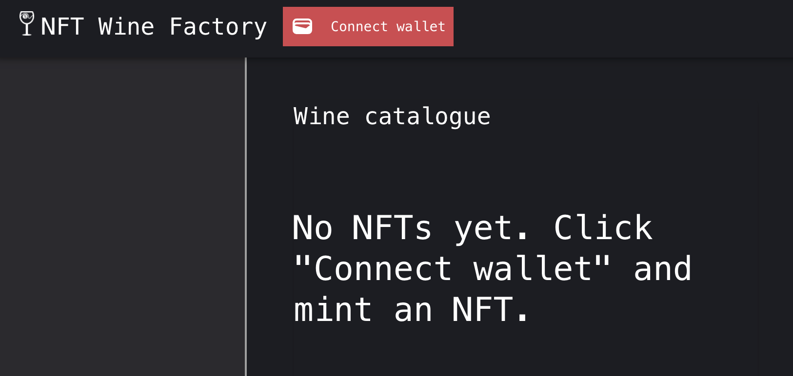 The starter NFT marketplace application is showing no NFTs and a button to connect to wallets