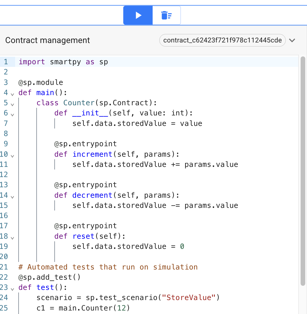 The SmartPy online IDE, including the code for the contract