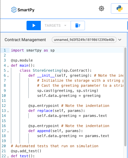 The SmartPy online IDE, including the code for the contract