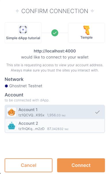 Connecting to the application in the Temple wallet