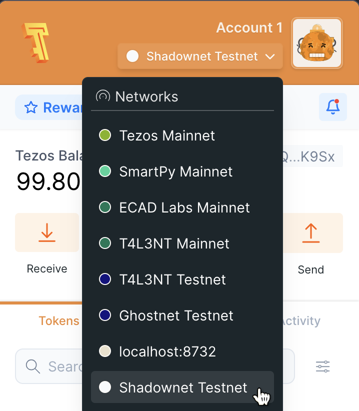 Selecting the Ghostnet testnet in the Temple wallet