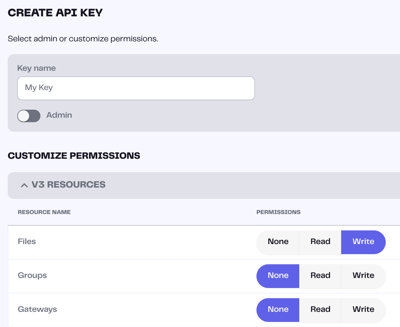 Selecting the write permissions for the Pinata key