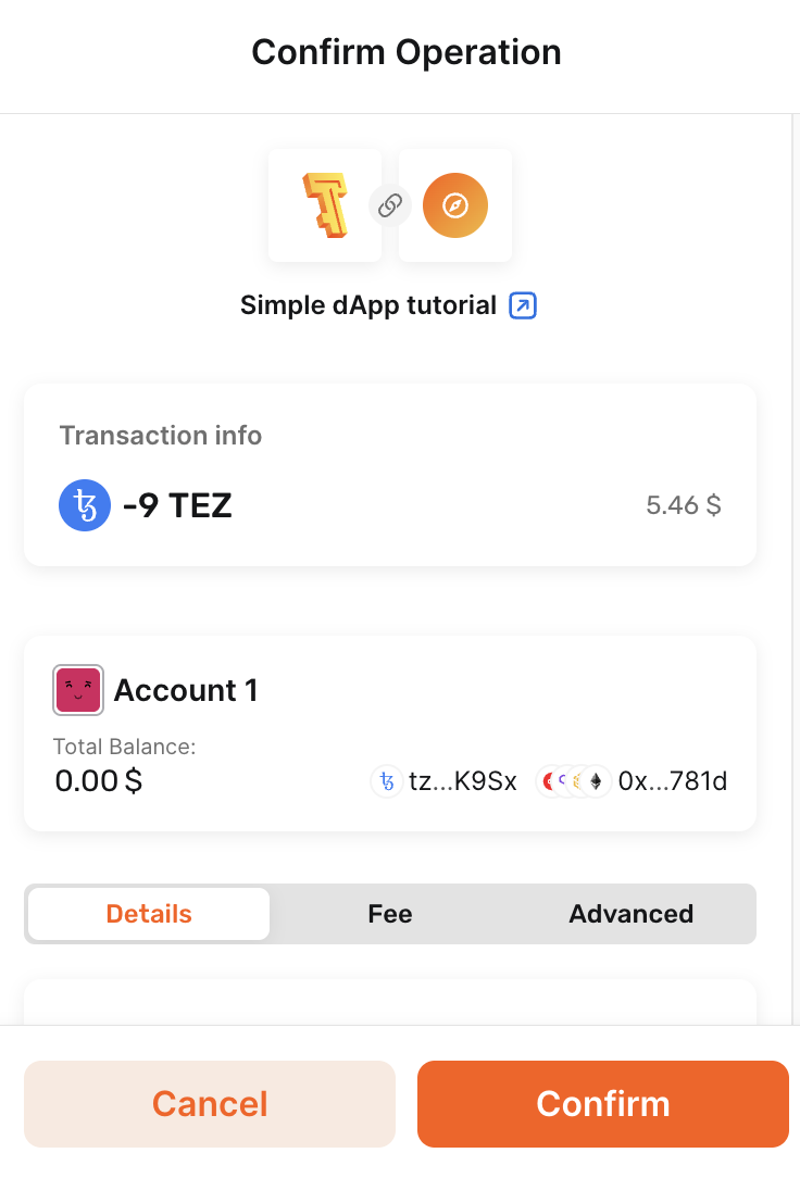 The transaction in the Temple wallet, showing the fees and prompting the user to approve the transaction