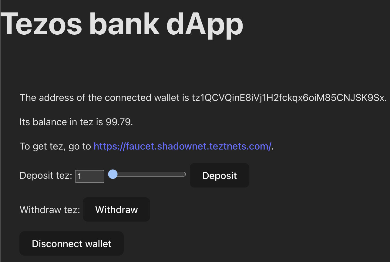 The updated application with fields to set the amount and a button to send the transaction