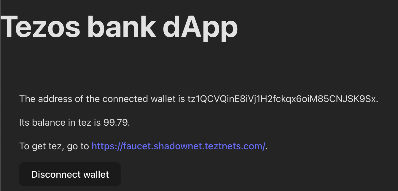 The application showing information about the connected wallet