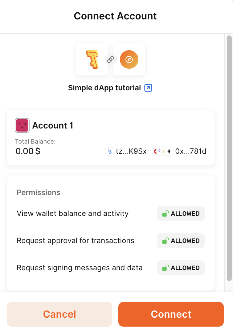 Connecting to the application in the Temple wallet