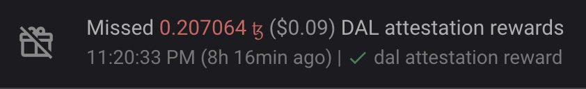 The TZKT block explorer, showing missing rewards for DAL attestation
