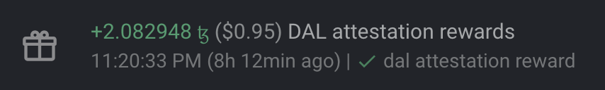 The TZKT block explorer, showing rewards for DAL attestation