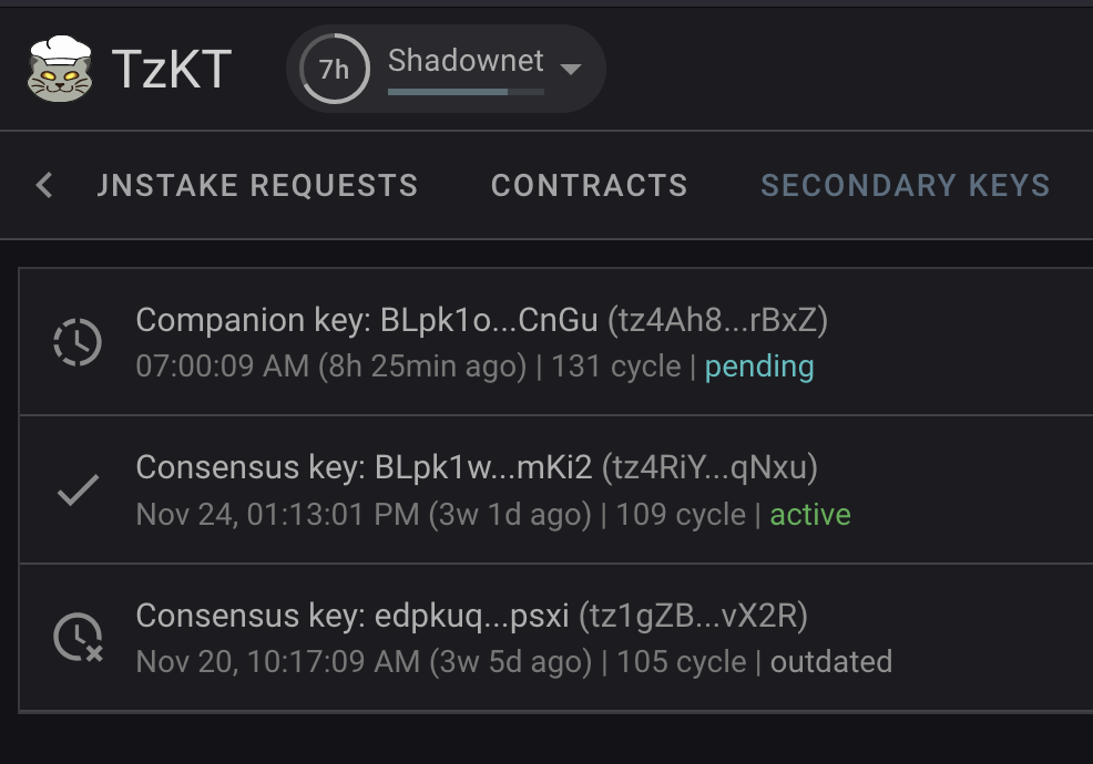 The TZKT block explorer, showing information about a baker's current keys and a pending change to its DAL companion key