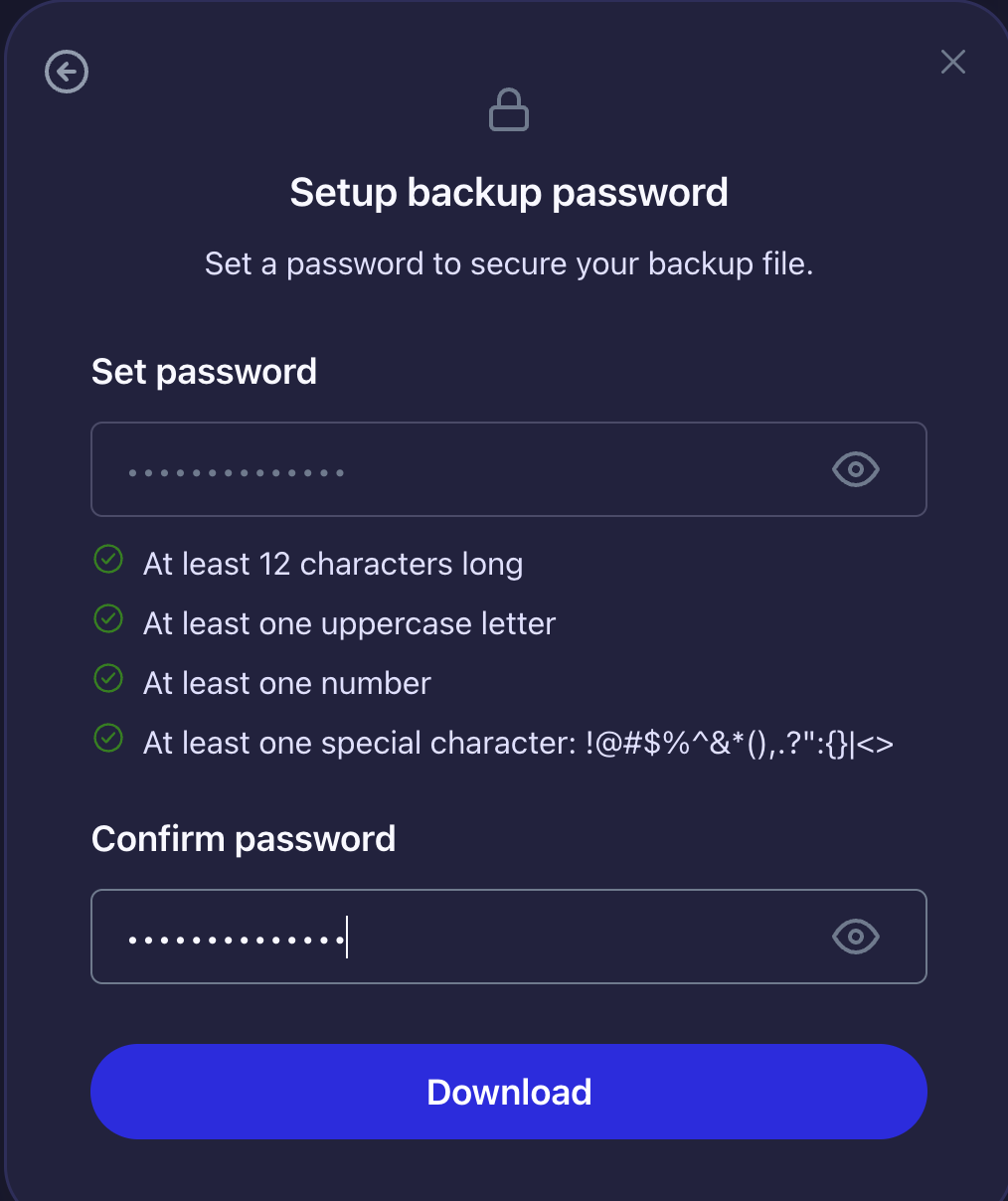Backing up an account in the Umami wallet